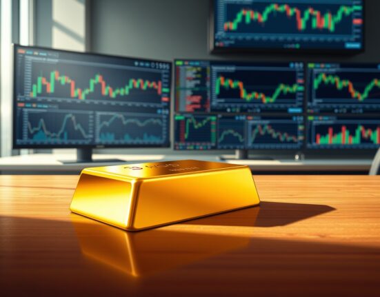 Gold bullion bar in financial trading environment representing market uncertainty amid dollar strength