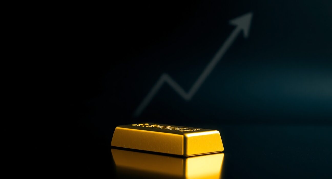 Gold bar on dark reflective surface with subtle upward trend background