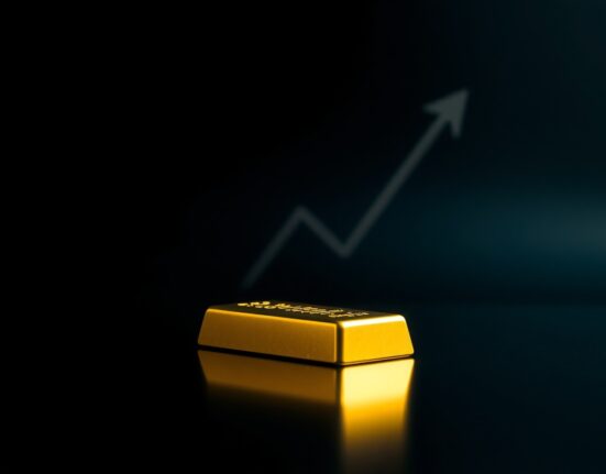 Gold bar on dark reflective surface with subtle upward trend background