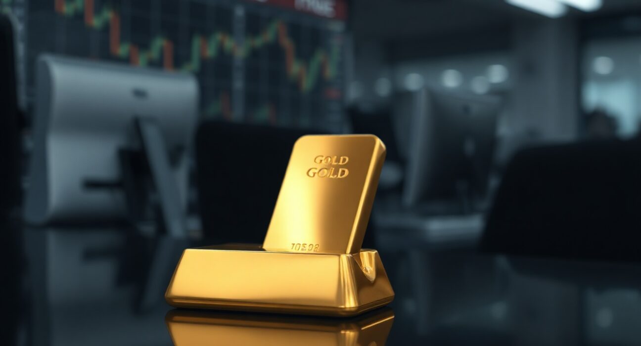 Gold bar resting on dark reflective surface with soft lighting, representing precious metals market stability.
