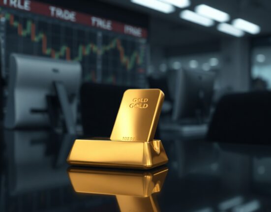 Gold bar resting on dark reflective surface with soft lighting, representing precious metals market stability.