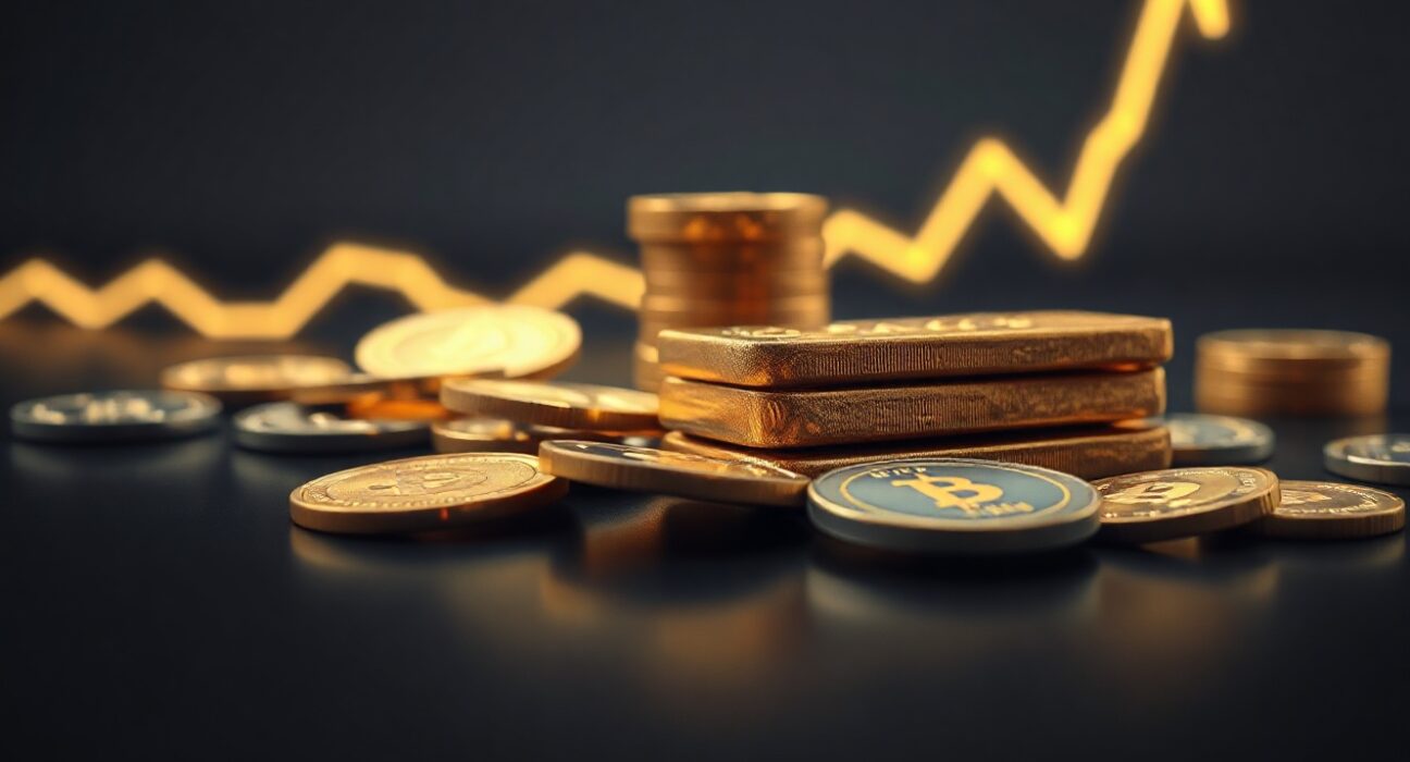 Gold bars and coins on a reflective surface with a subtle upward price chart in the background