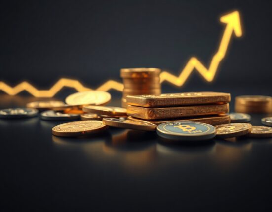 Gold bars and coins on a reflective surface with a subtle upward price chart in the background