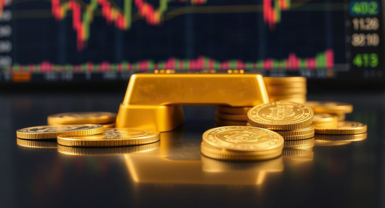 Gold bars and coins on a reflective surface with a financial chart in the background