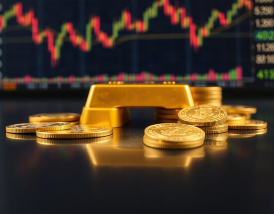 Gold bars and coins on a reflective surface with a financial chart in the background