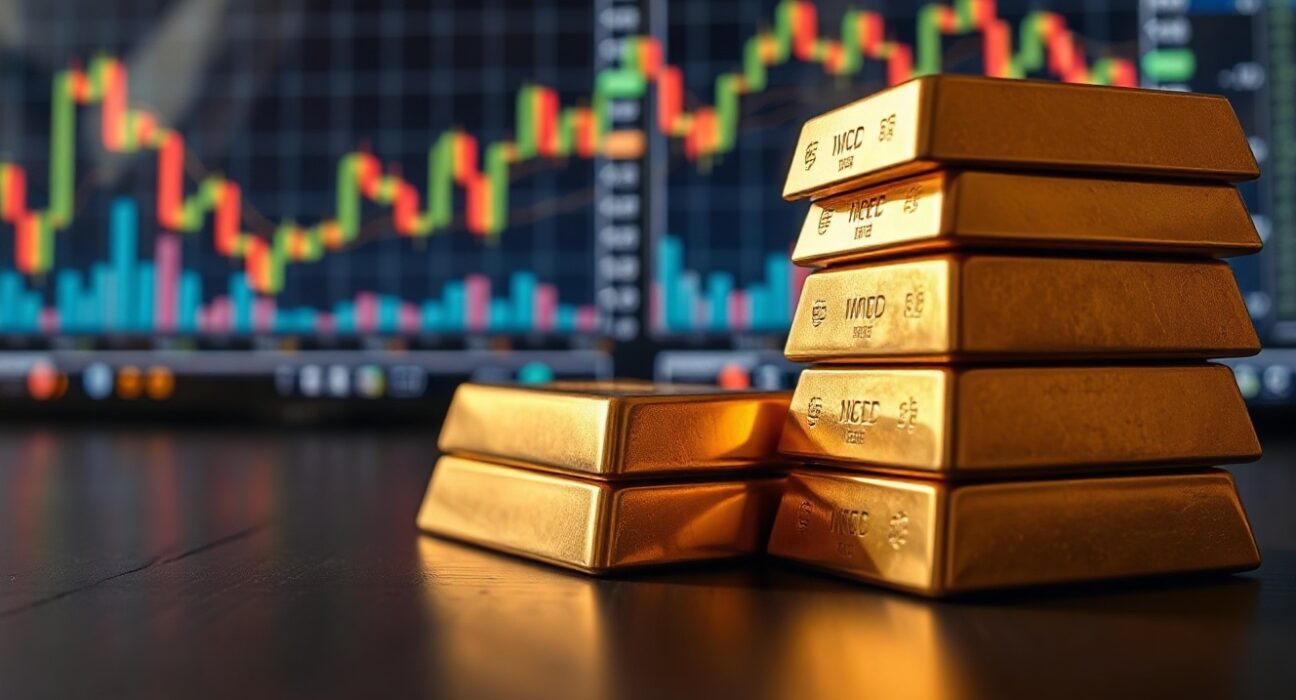 Gold bullion bars on a table with financial charts in the background