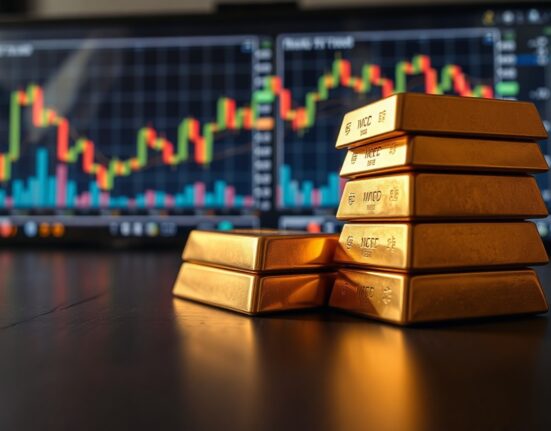 Gold bullion bars on a table with financial charts in the background