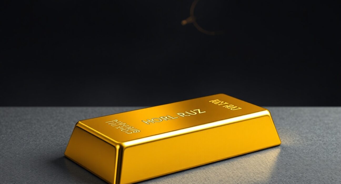 Gold bullion bar representing market analysis amid Strait of Hormuz geopolitical tensions and US Dollar fluctuations.