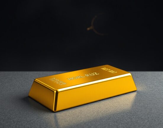 Gold bullion bar representing market analysis amid Strait of Hormuz geopolitical tensions and US Dollar fluctuations.