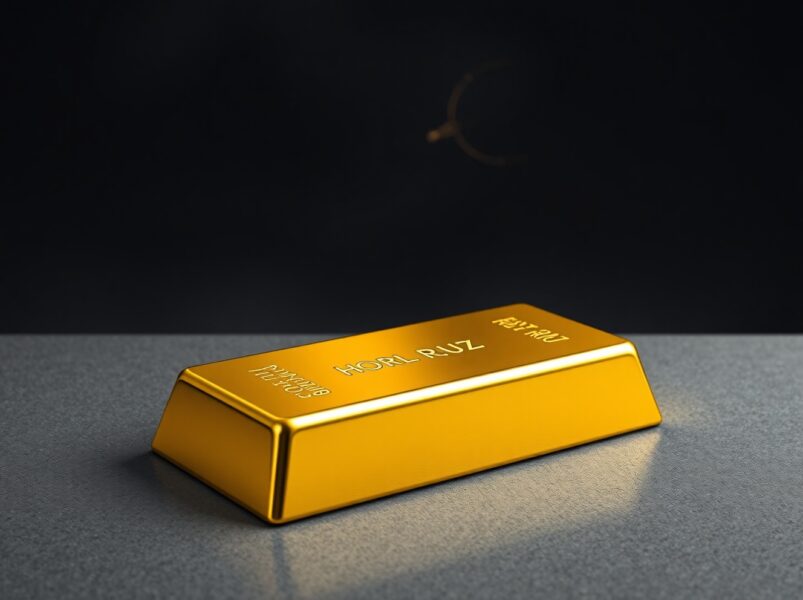 Gold bullion bar representing market analysis amid Strait of Hormuz geopolitical tensions and US Dollar fluctuations.