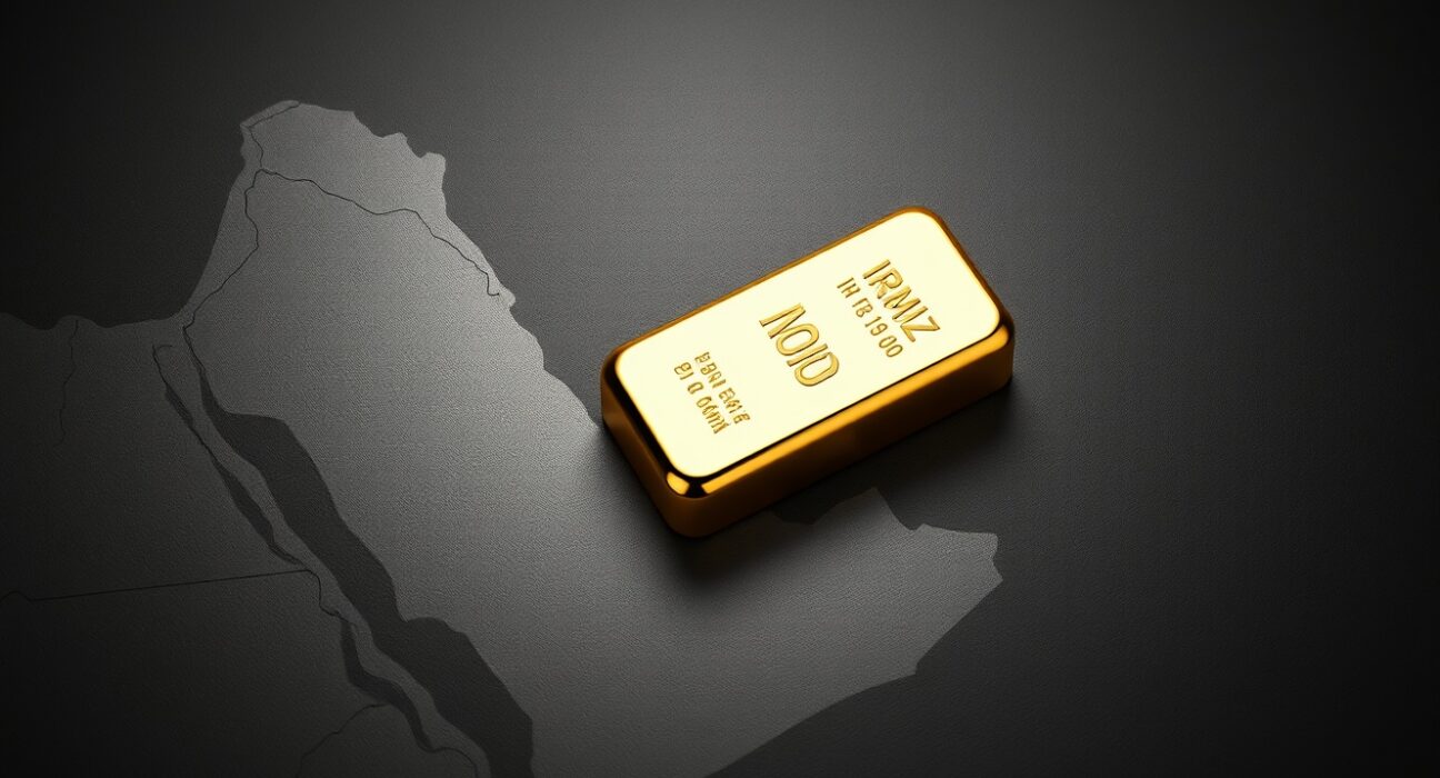Gold bullion on a map of the Strait of Hormuz, symbolizing geopolitical risk impacting the gold price.
