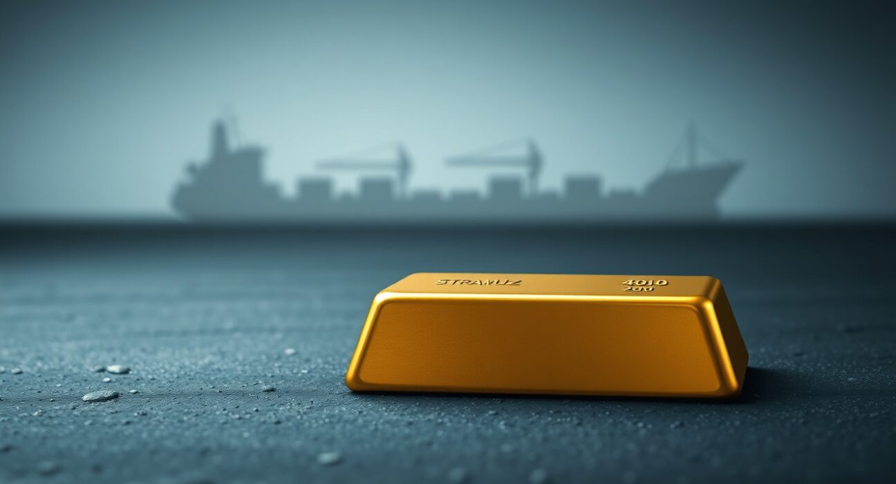 Gold bullion bar representing market price movements amid Strait of Hormuz geopolitical risks.