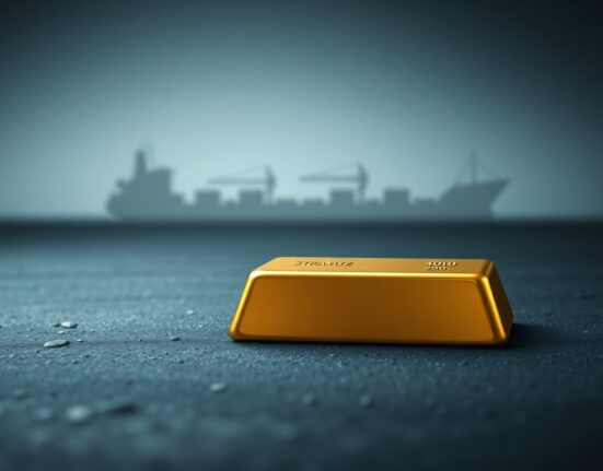 Gold bullion bar representing market price movements amid Strait of Hormuz geopolitical risks.