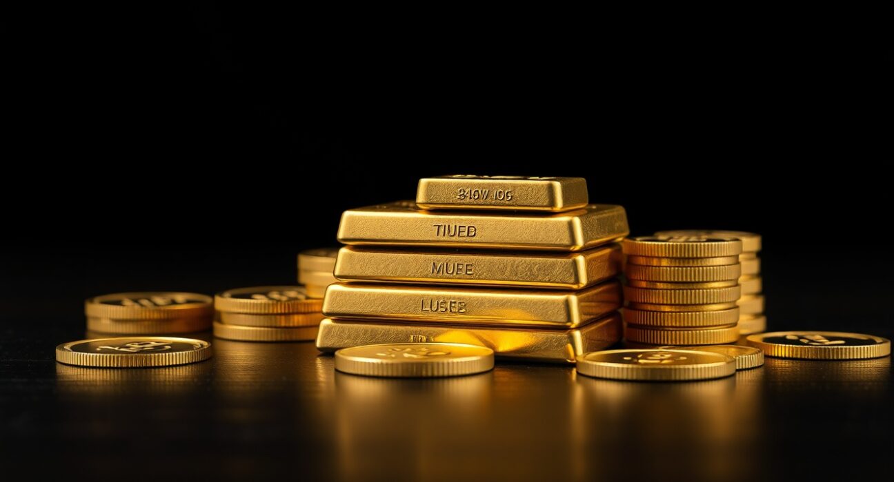 Stacked gold bars and coins on a dark surface representing the fall in gold price in India today.