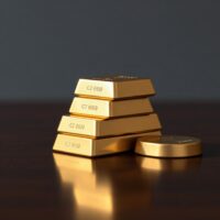 Stacked gold bars on a dark wooden surface, representing the gold price decline in India.