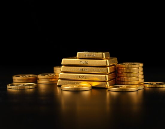 Stacked gold bars and coins on a dark surface representing the fall in gold price in India today.