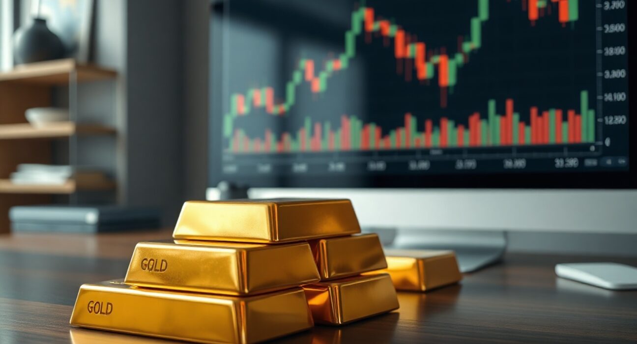 Gold bars on a desk with a monitor showing a falling price chart
