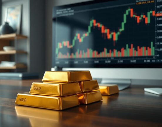 Gold bars on a desk with a monitor showing a falling price chart