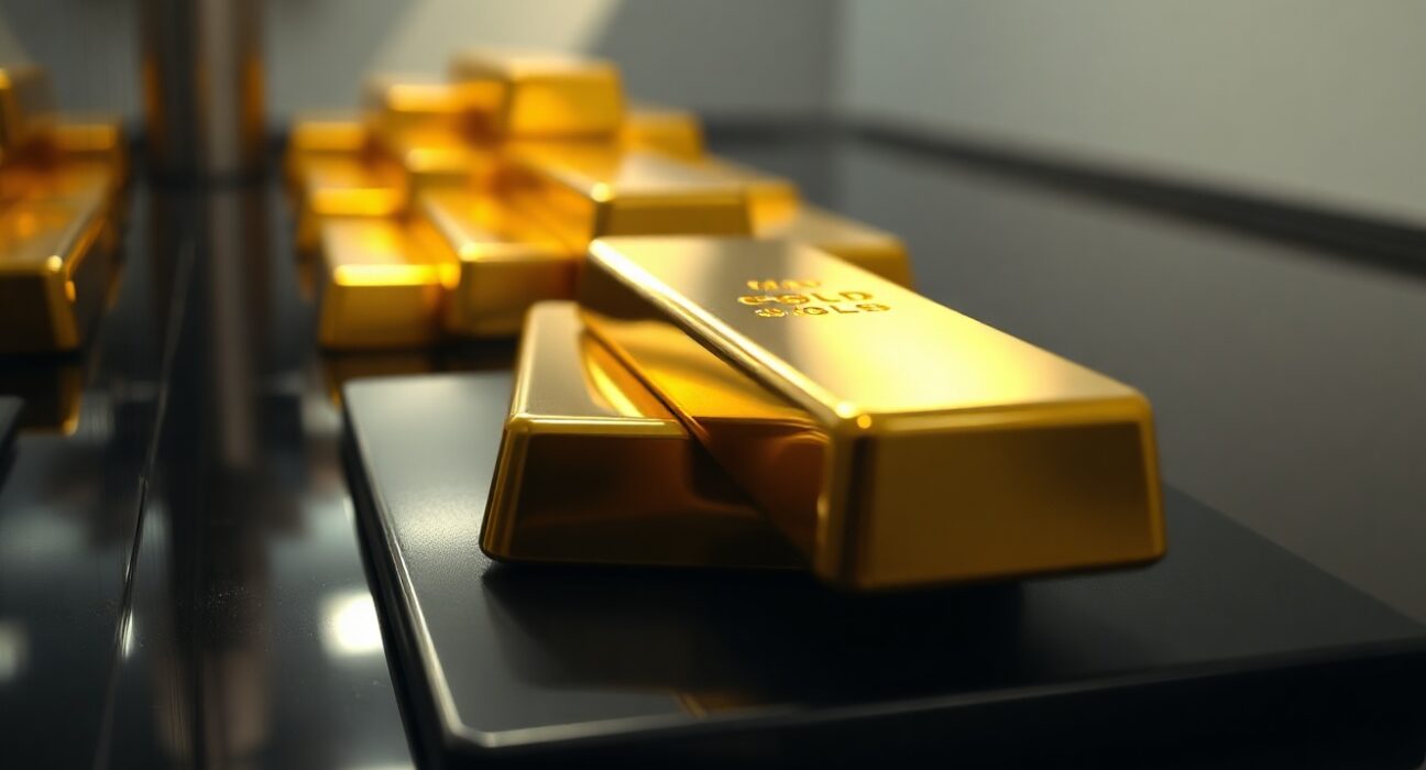 Stack of polished gold bars on a dark reflective surface representing precious metal investment and pricing.