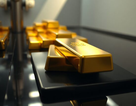 Stack of polished gold bars on a dark reflective surface representing precious metal investment and pricing.