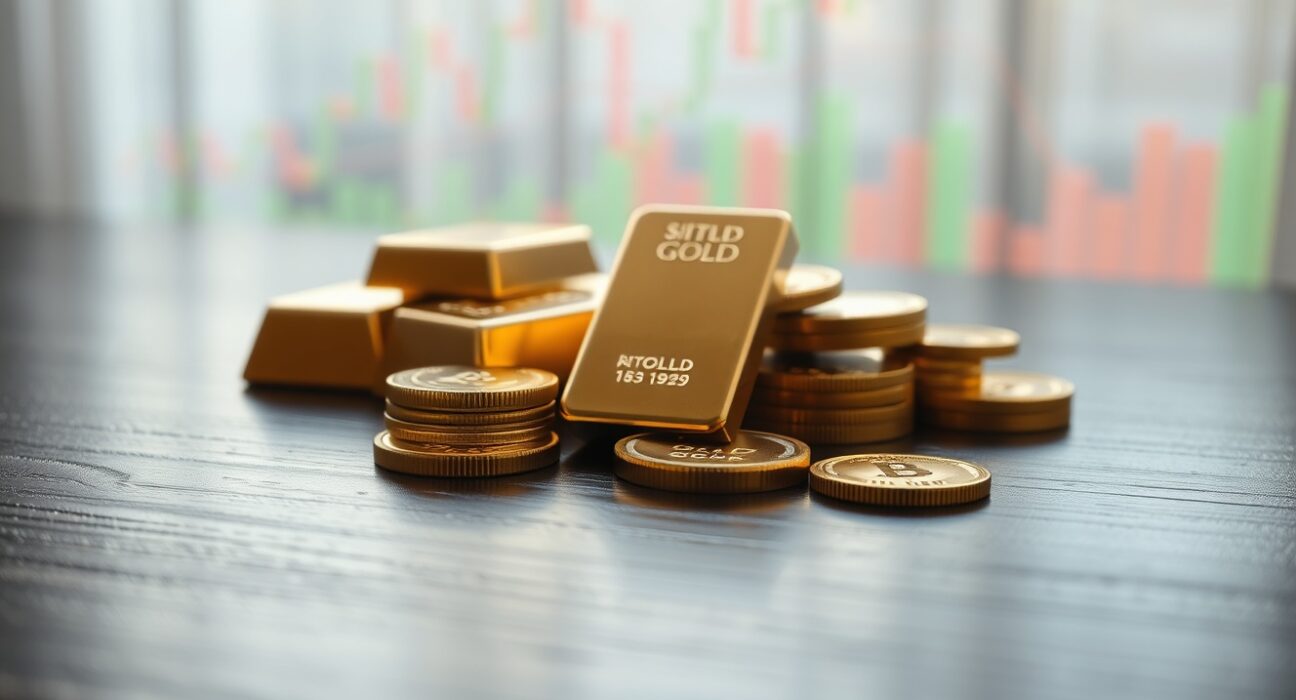 Gold bars and coins on a dark wooden surface with a blurred financial chart background