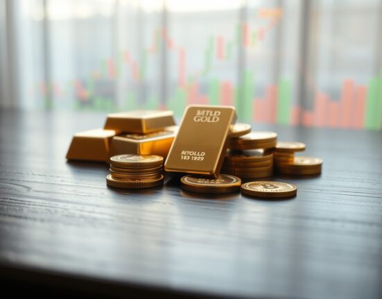 Gold bars and coins on a dark wooden surface with a blurred financial chart background