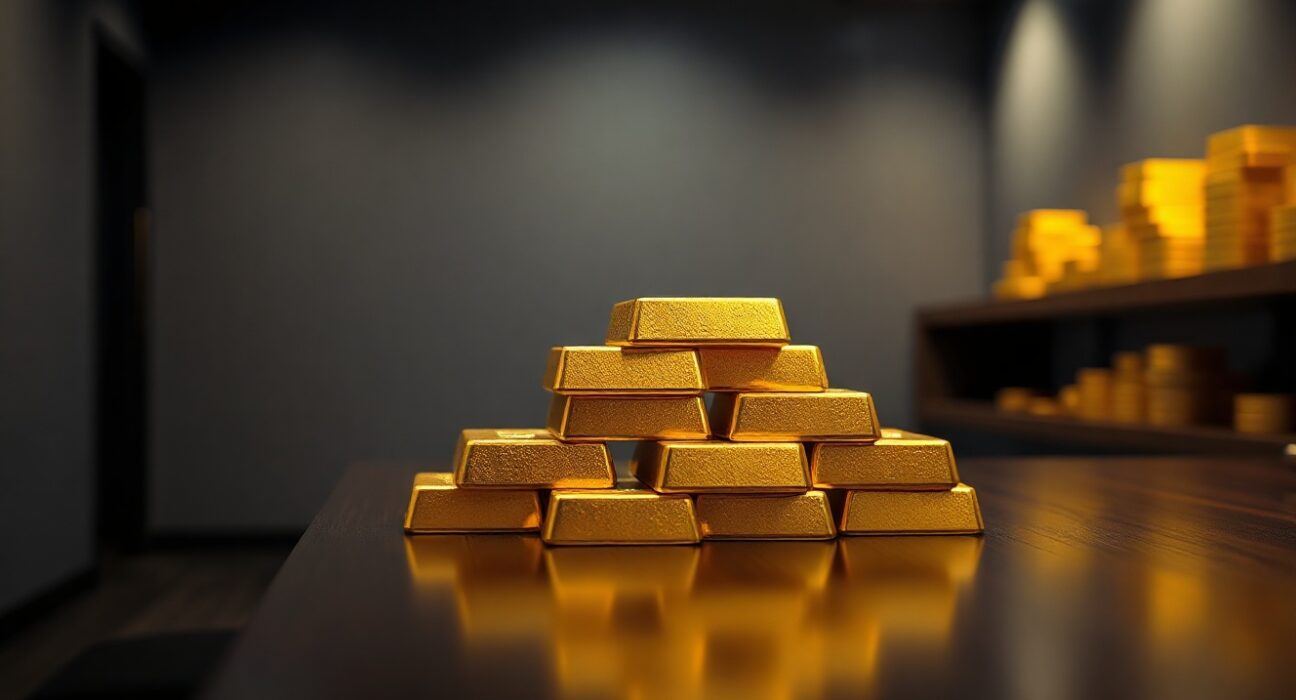Stacked gold bars on a dark surface representing India's gold market and price changes.
