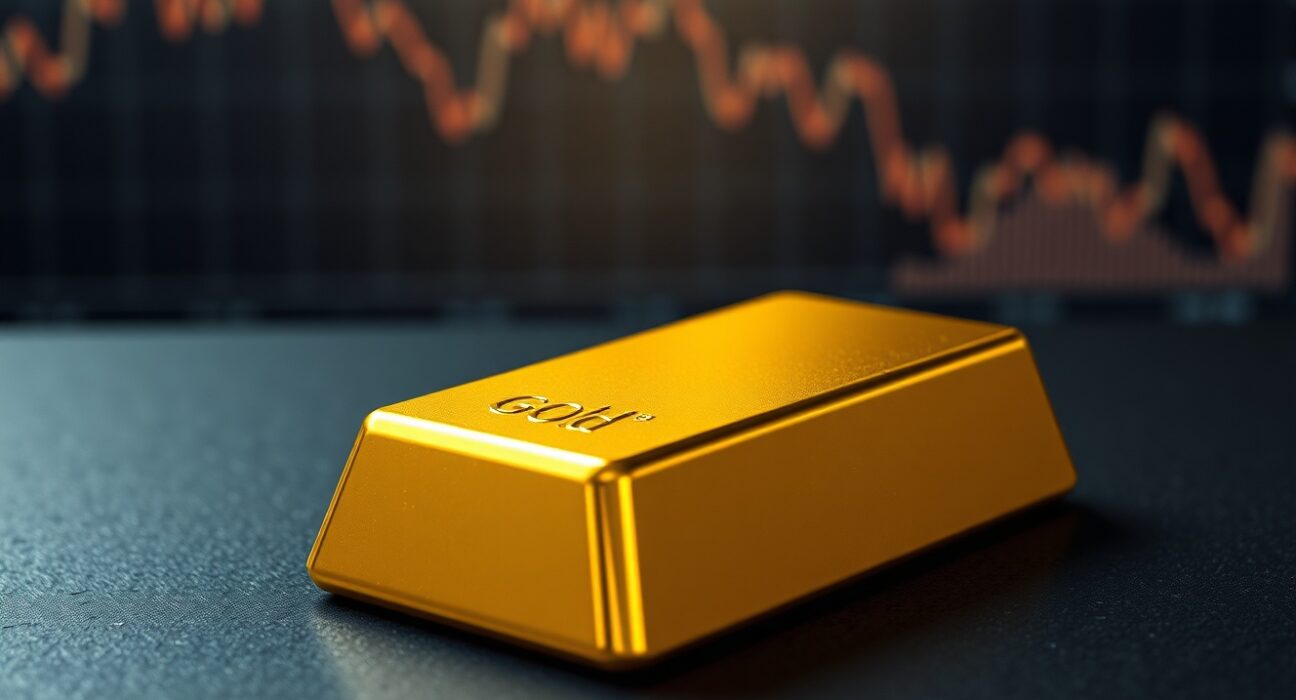 Gold bullion bar representing falling gold prices amid inflation and a strong US dollar.