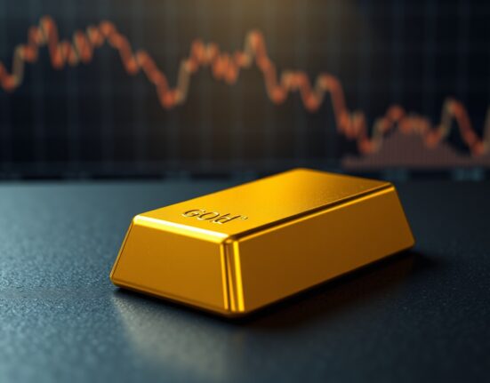 Gold bullion bar representing falling gold prices amid inflation and a strong US dollar.