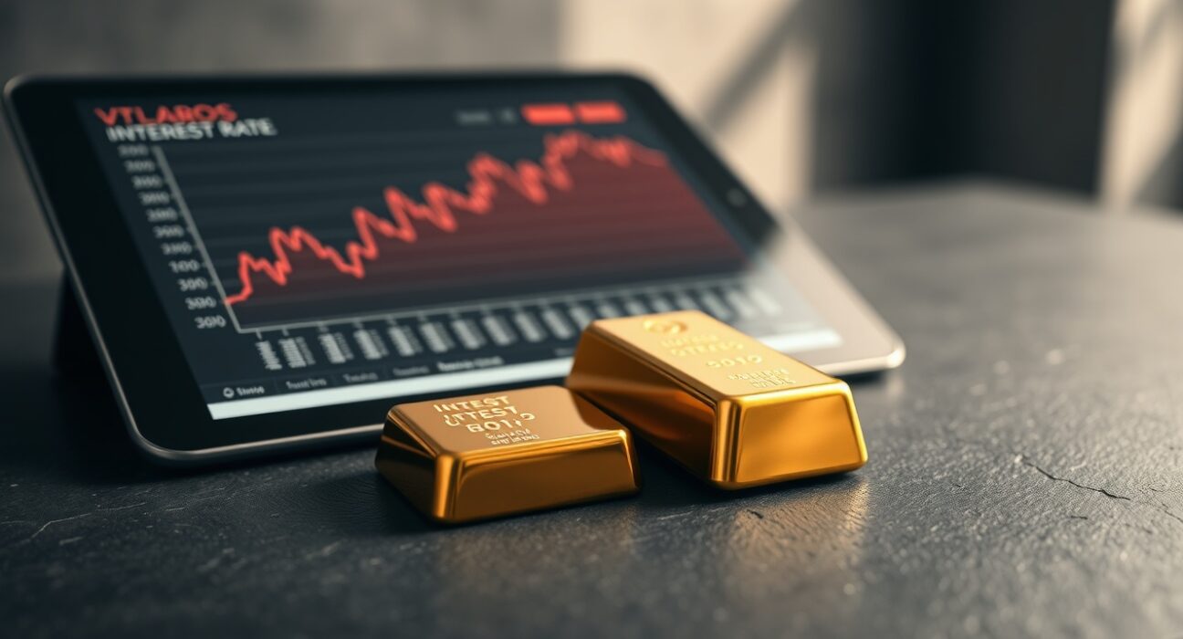 Gold bullion bar with interest rate chart illustrating pressure on gold demand in financial markets.