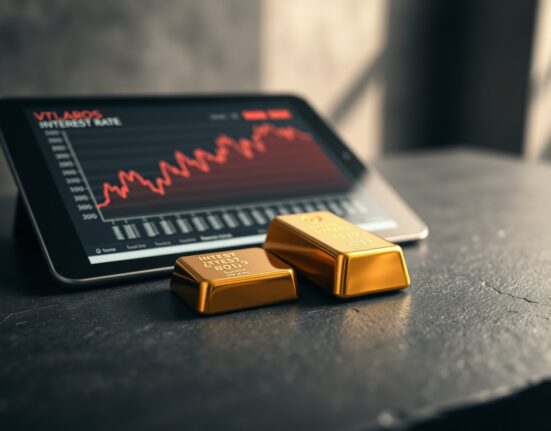 Gold bullion bar with interest rate chart illustrating pressure on gold demand in financial markets.