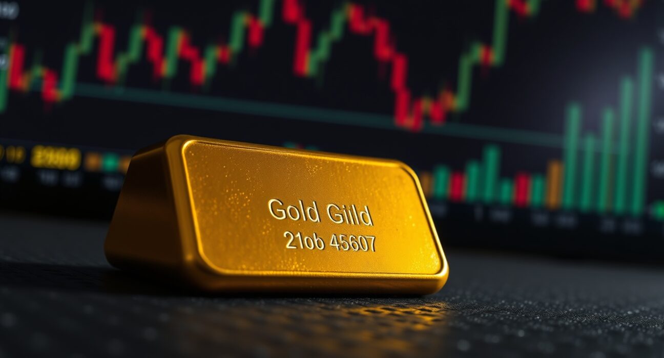 Gold bullion bar with financial chart background representing market volatility from Iran tensions.