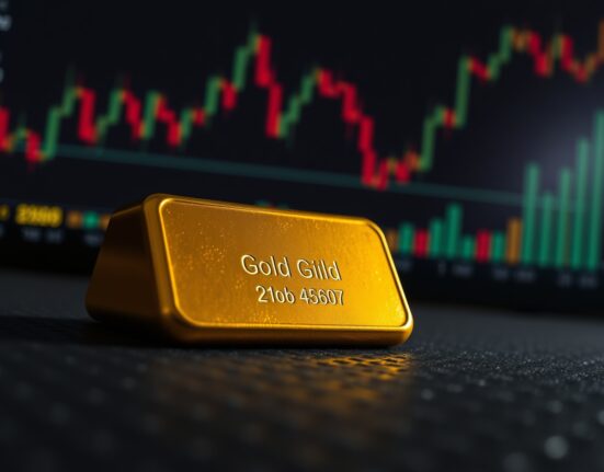 Gold bullion bar with financial chart background representing market volatility from Iran tensions.