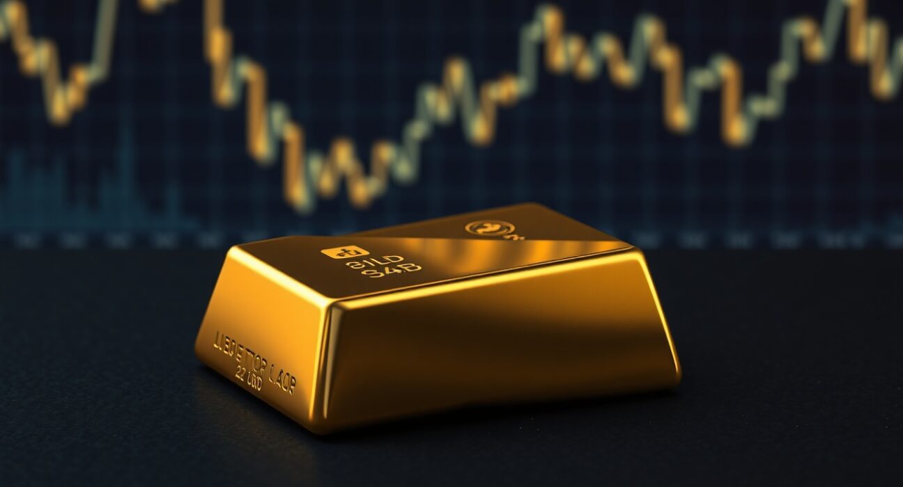 Gold bullion bar representing market price pressure from yields and dollar strength.