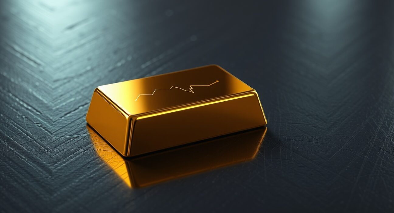 Gold bullion bar reflects market decline ahead of Federal Reserve policy decision and US inflation data.