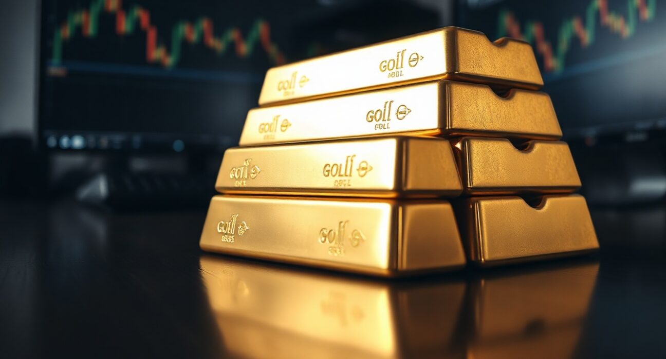Close-up of gold bars on a dark surface with soft lighting and a blurred financial chart background