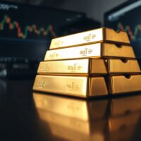 Close-up of gold bars on a dark surface with soft lighting and a blurred financial chart background