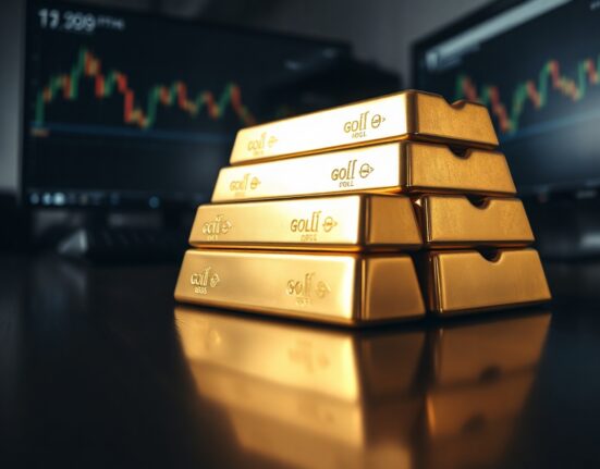Close-up of gold bars on a dark surface with soft lighting and a blurred financial chart background