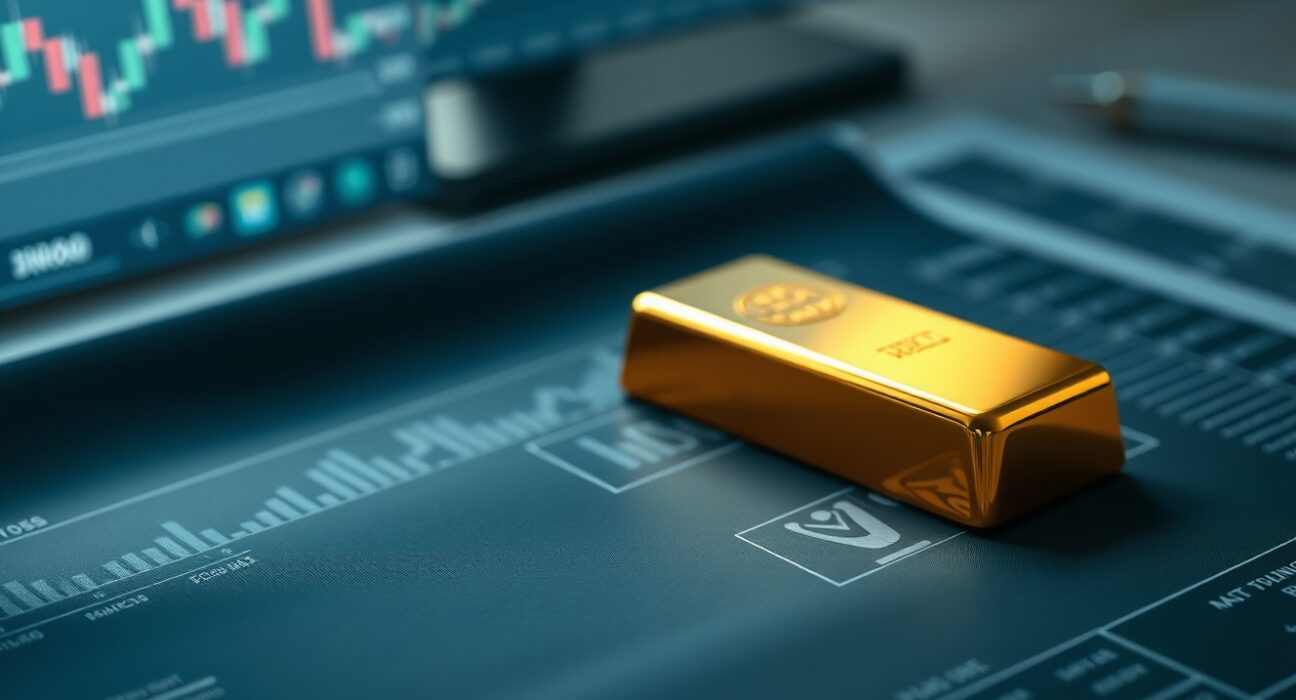 Gold bar resting on financial charts representing market uncertainty ahead of Fed speech.