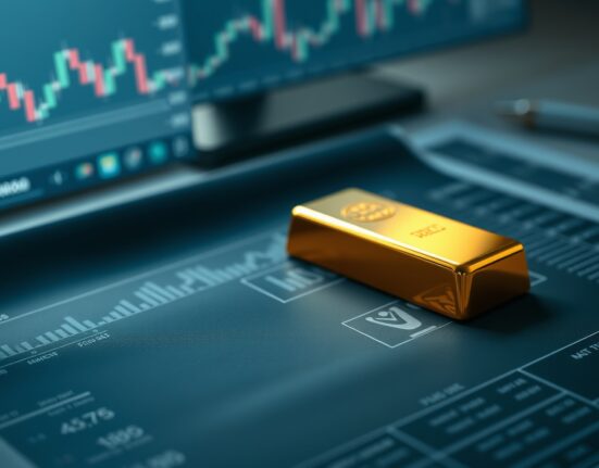 Gold bar resting on financial charts representing market uncertainty ahead of Fed speech.