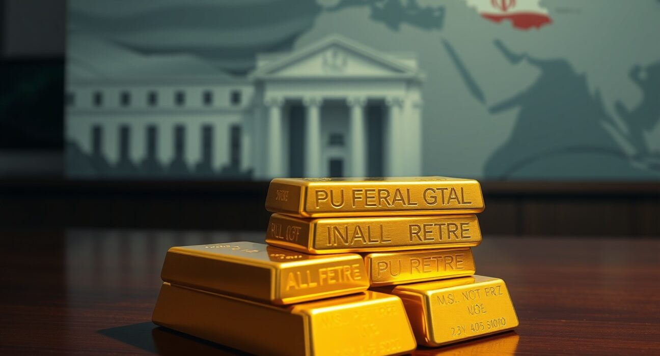 Gold bars on a table with a blurred background of the Federal Reserve building and a map of Iran, representing the gold price ceiling due to hawkish Fed and Iran tensions.