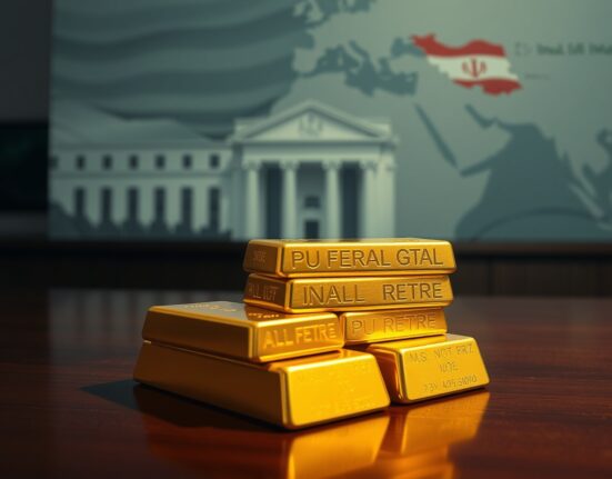Gold bars on a table with a blurred background of the Federal Reserve building and a map of Iran, representing the gold price ceiling due to hawkish Fed and Iran tensions.