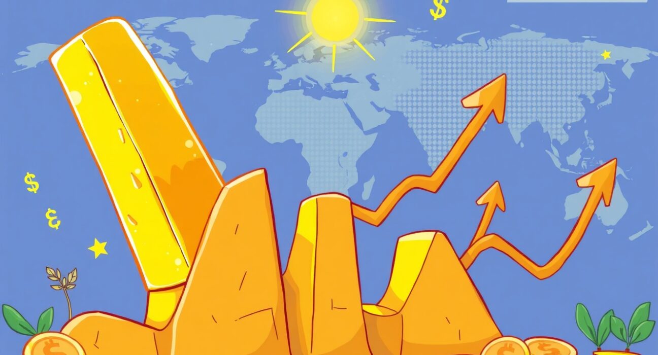 A cartoon illustration of a golden bar triumphantly reaching a new peak, symbolizing the unprecedented surge in the gold price and its market impact.