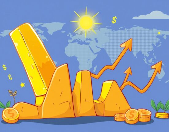 A cartoon illustration of a golden bar triumphantly reaching a new peak, symbolizing the unprecedented surge in the gold price and its market impact.