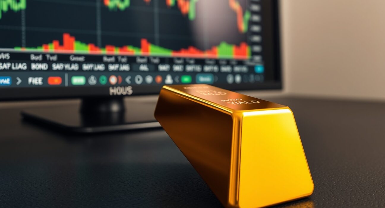 Gold bullion bar with financial charts showing oil and yield pressures impacting the gold price.