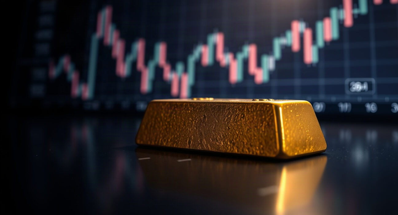 Gold bullion bar on reflective surface with stock chart in background