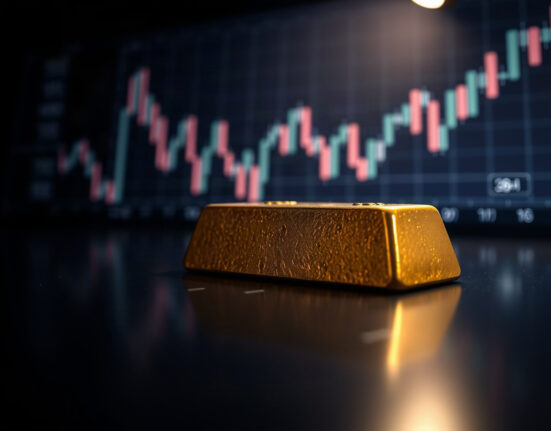 Gold bullion bar on reflective surface with stock chart in background