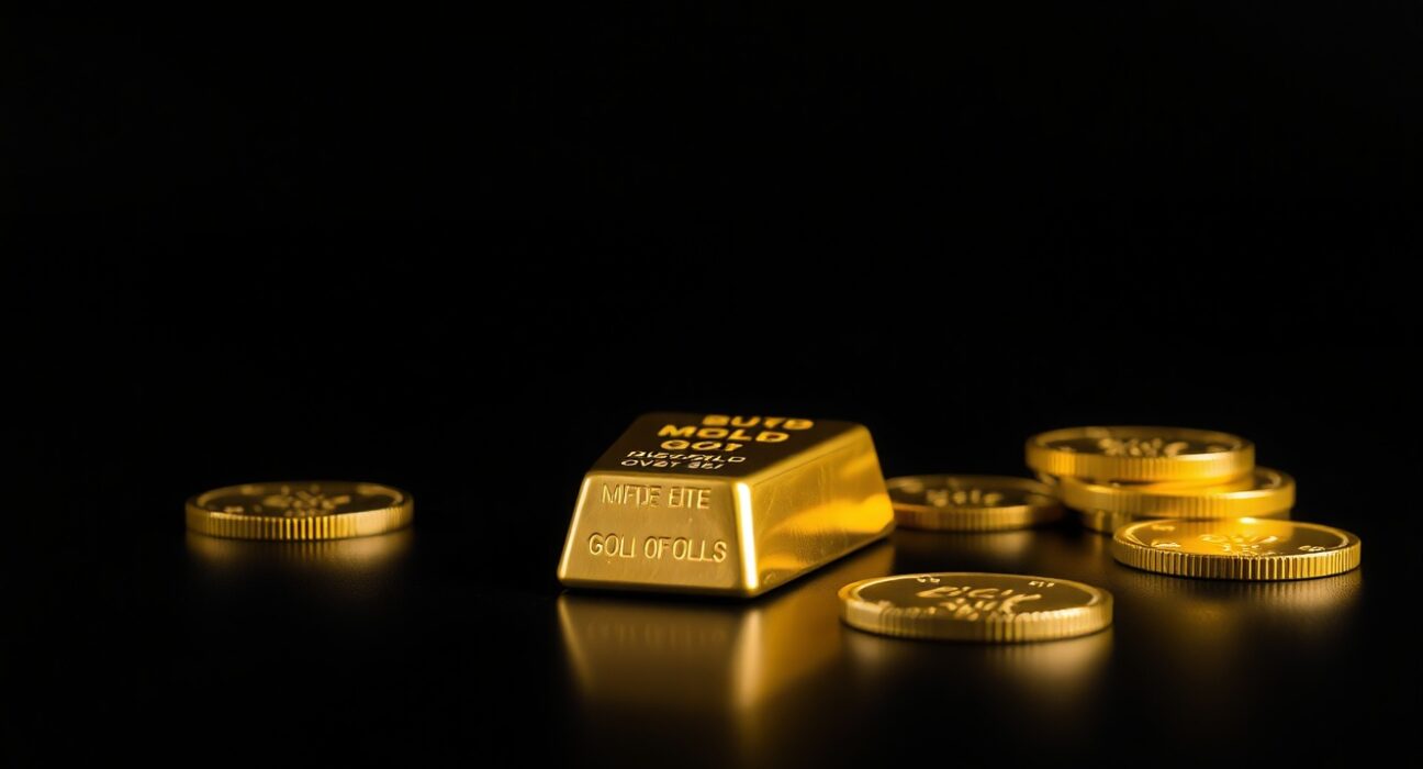 Gold bars and coins on a dark surface representing precious metal investment and market analysis.