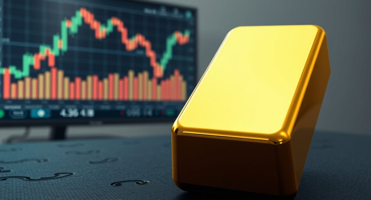 Gold bullion bar with financial chart showing price decline due to oil-driven inflation and strong US dollar.