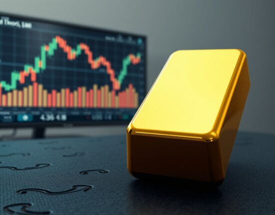 Gold bullion bar with financial chart showing price decline due to oil-driven inflation and strong US dollar.